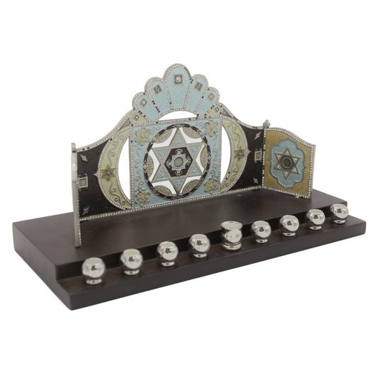 Chanukah Menorah - Gem Star, Decorative Wood base
#RM-MEN1997