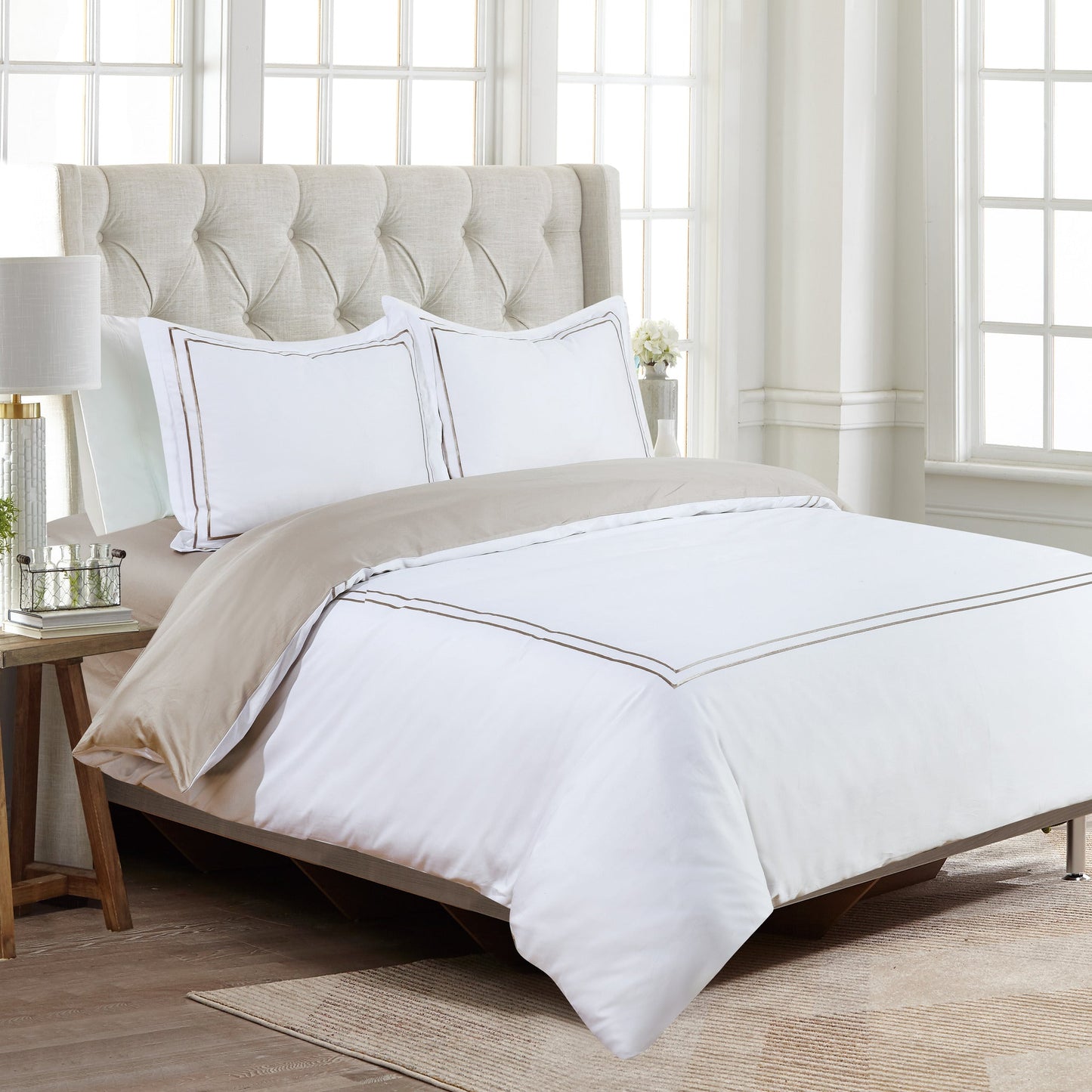 Flora Hotel Collection - White with Taupe Embroidery #BL51-3