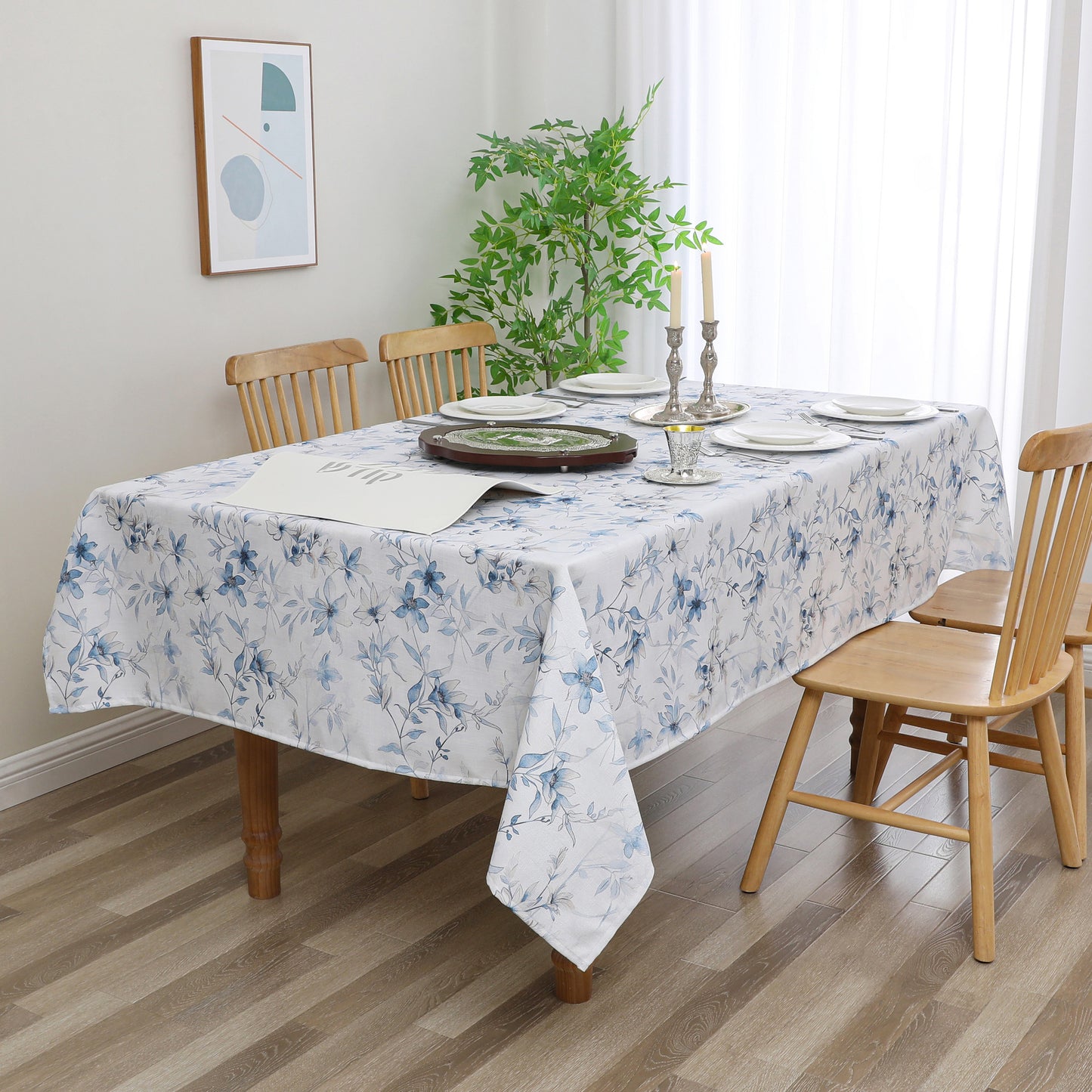 Tablecloth - Value Linen Look - Harvest Weave - Soft Blue Flowers #TC1810