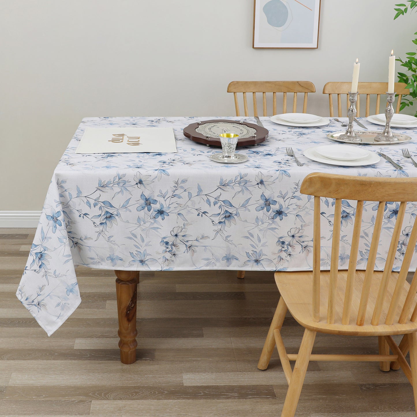 Tablecloth - Value Linen Look - Harvest Weave - Soft Blue Flowers #TC1810