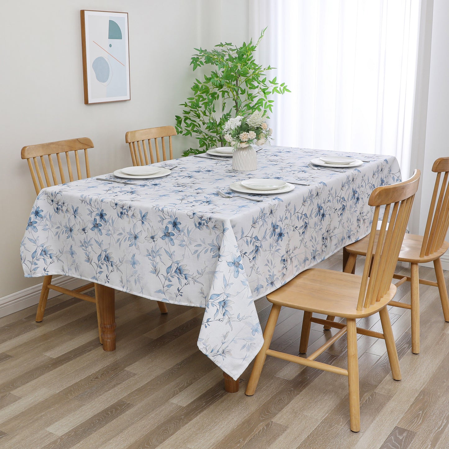 Tablecloth - Value Linen Look - Harvest Weave - Soft Blue Flowers #TC1810