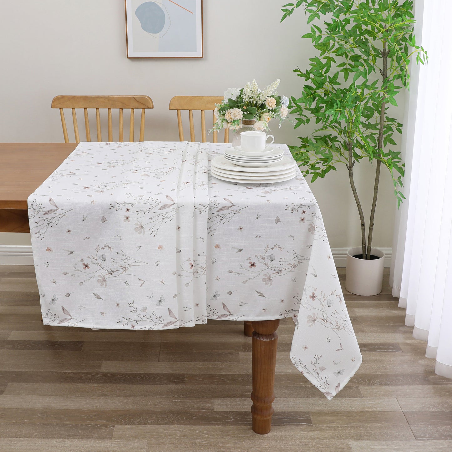 Tablecloth - Value Linen Look - Harvest Weave - Soft Blush Floral Butterfly #TC1811