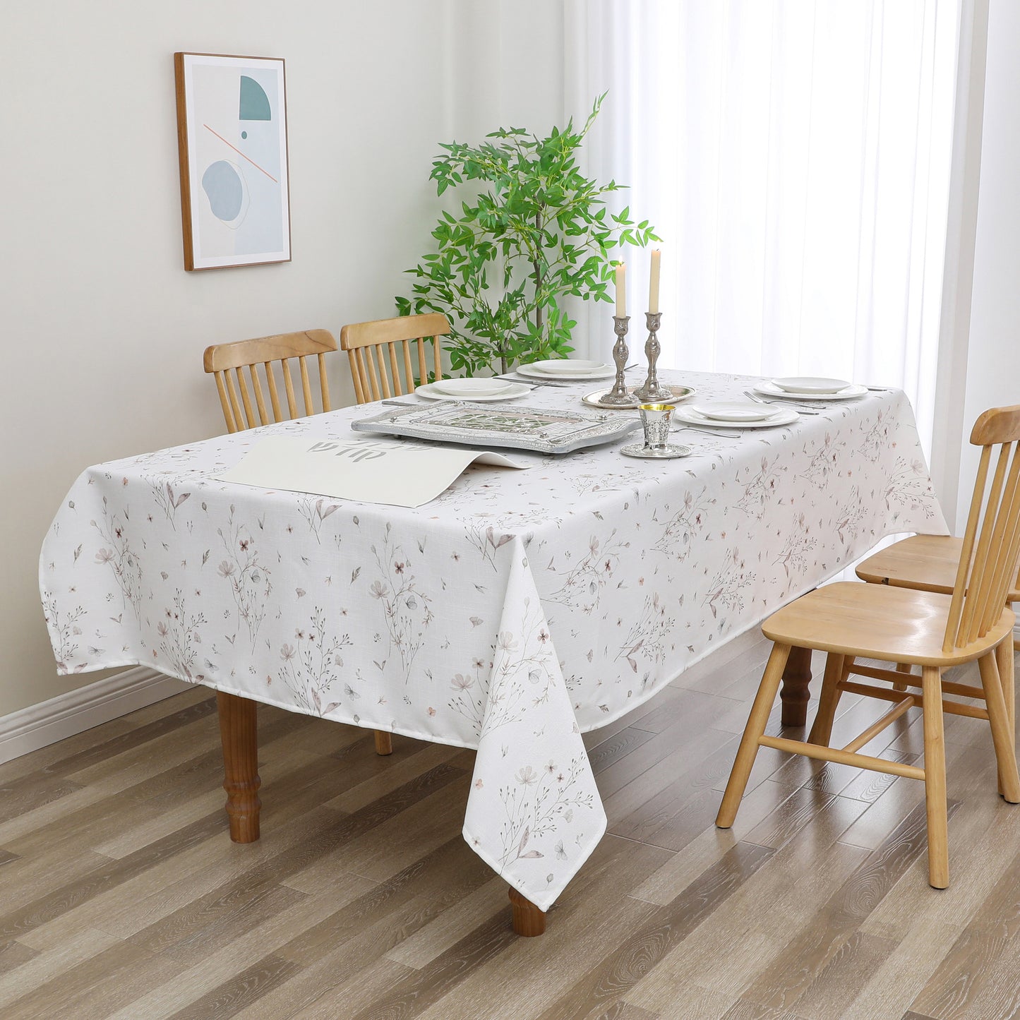 Tablecloth - Value Linen Look - Harvest Weave - Soft Blush Floral Butterfly #TC1811