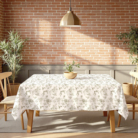 Tablecloth - Poly Floral - Sage Roses & Garden Birds #TC5