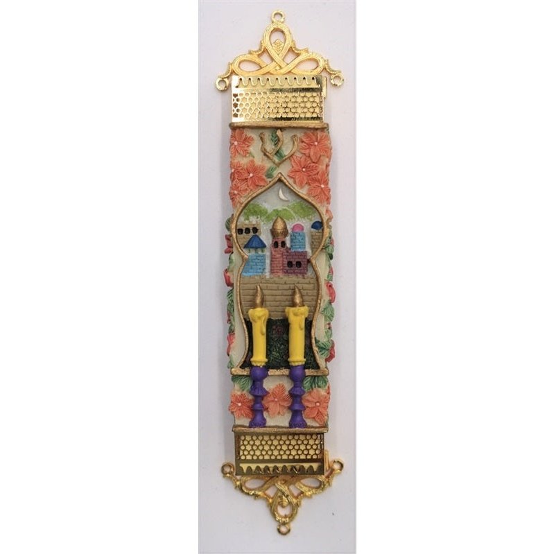 Mezuzah Case - Jerusalem / Shabbat Candles 5"