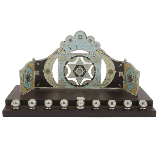 Chanukah Menorah - Gem Star, Decorative Wood base
#RM-MEN1997